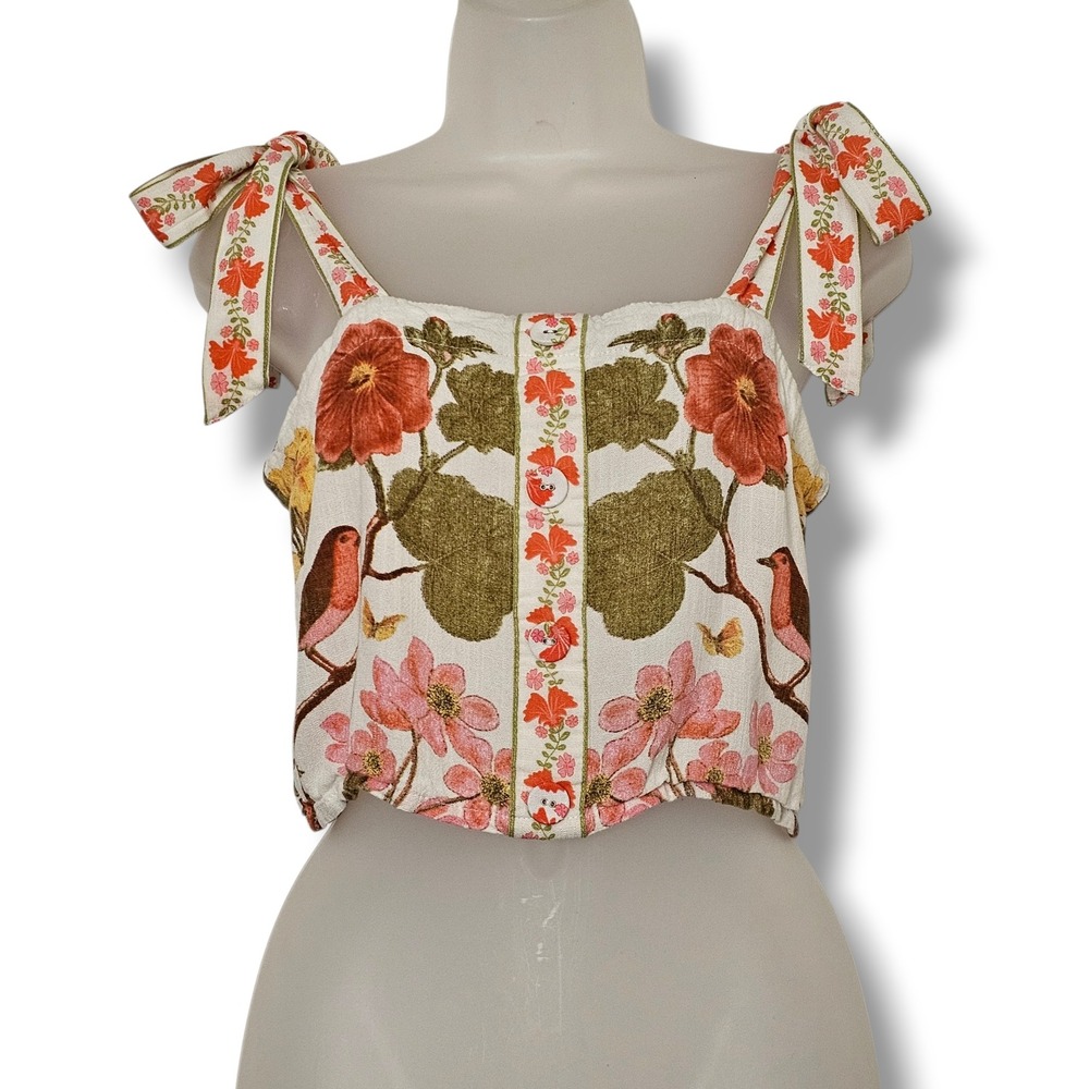 Rose + Olive Crop Top S Women White Bird Floral Tie Shoulder Smocked Boho Earthy